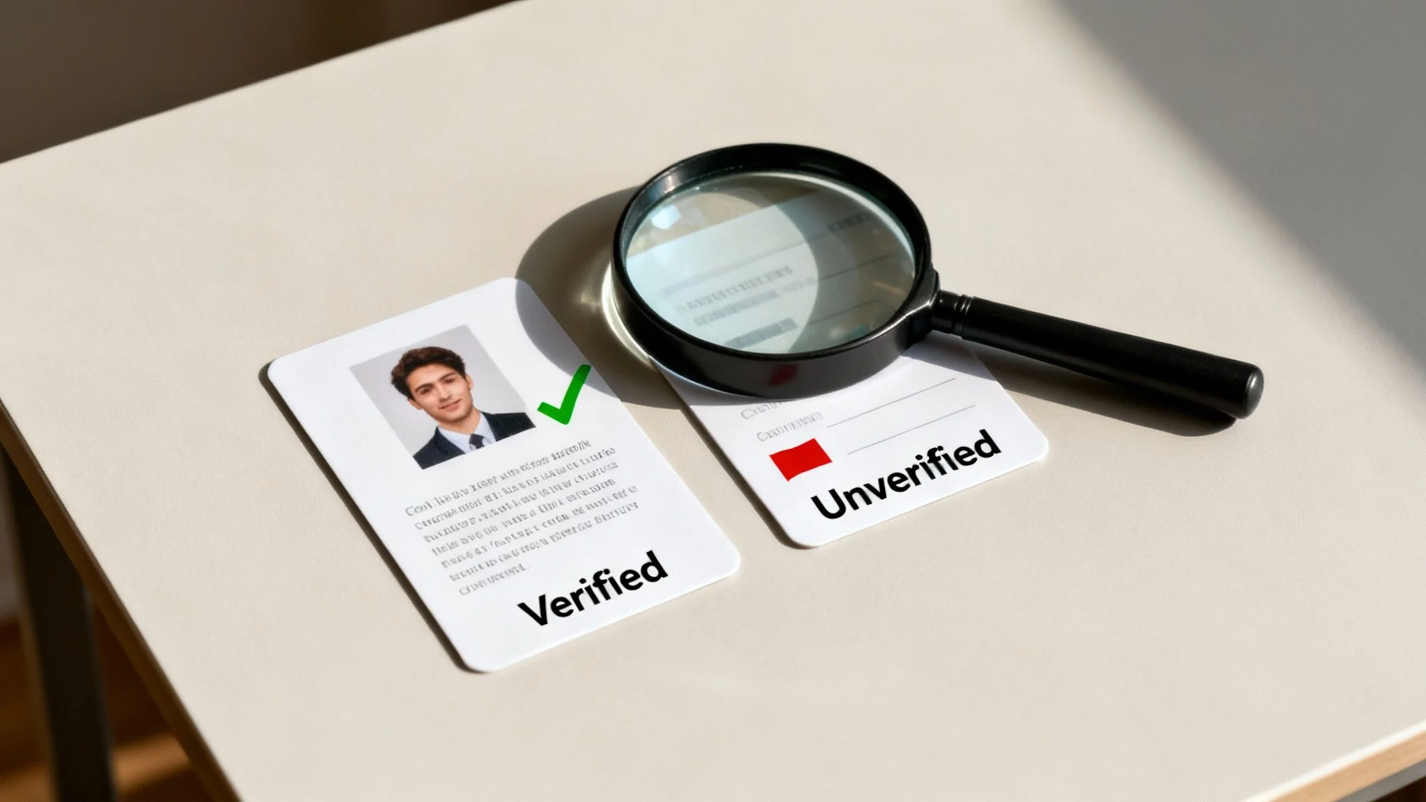 Two ID cards, one verified with a green checkmark and one unverified, being examined by a magnifying glass.