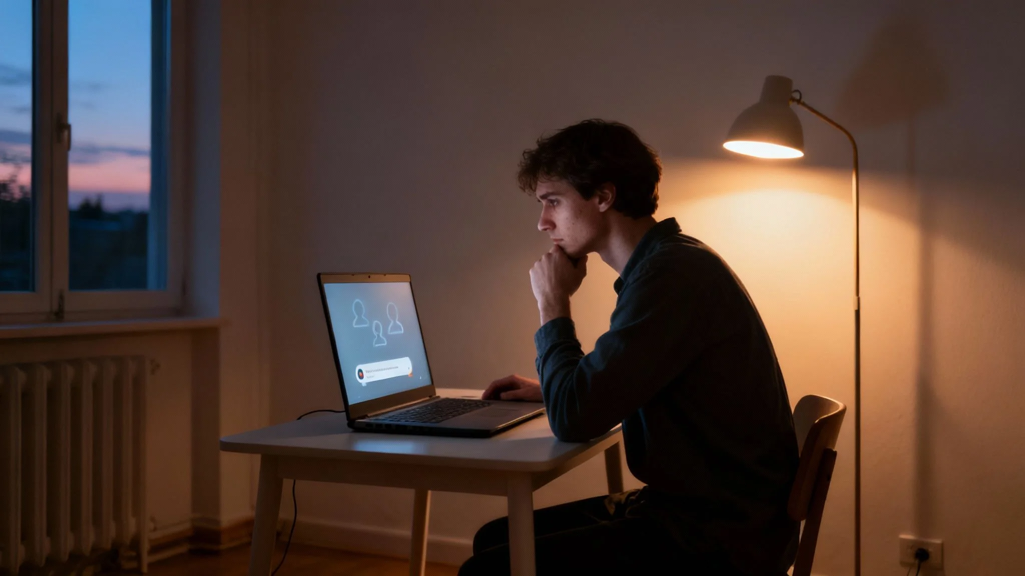 A person sitting at a desk, looking thoughtfully at a laptop screen that displays a network of interconnected profiles, illustrating their digital footprint.