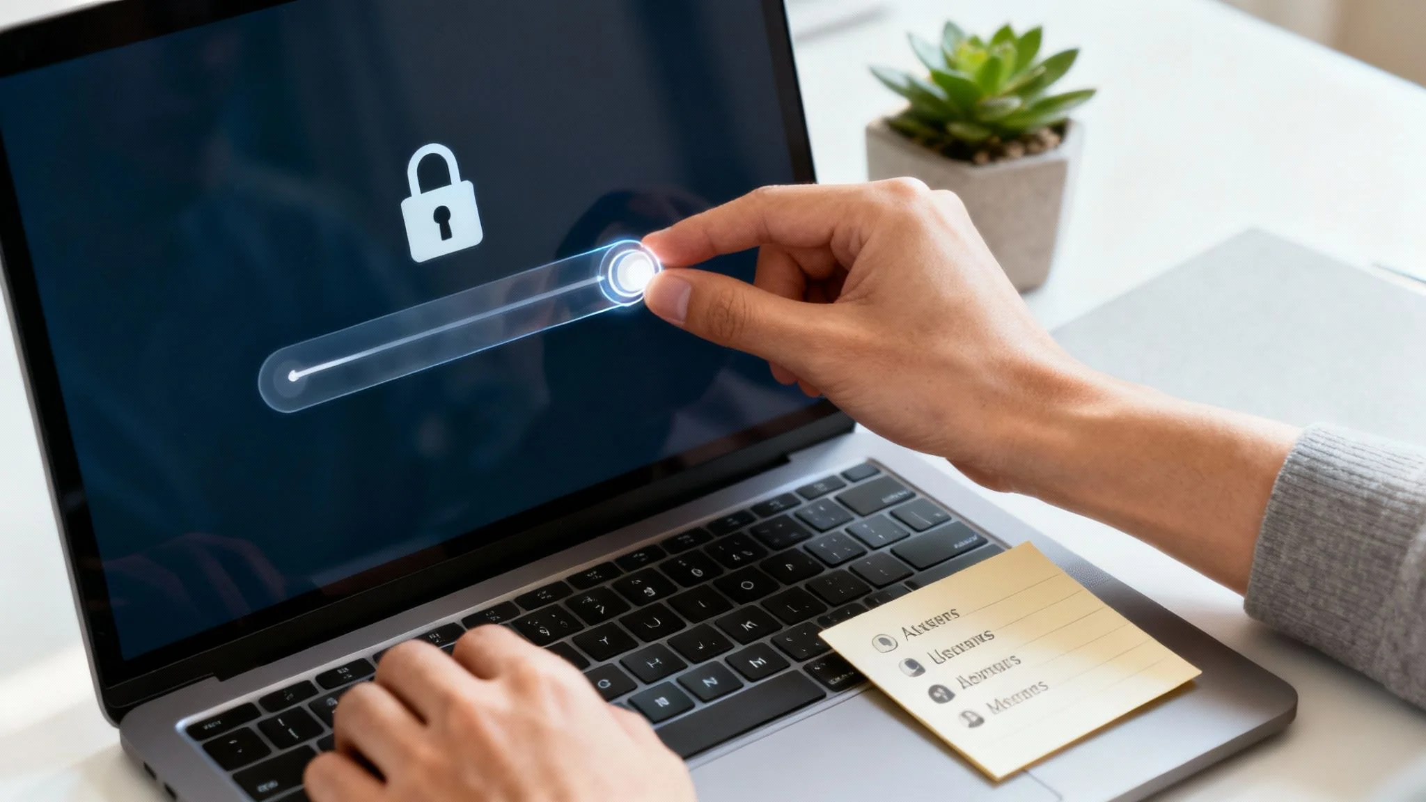 A person using a laptop with a shield icon overlaying the screen, symbolizing online identity protection.
