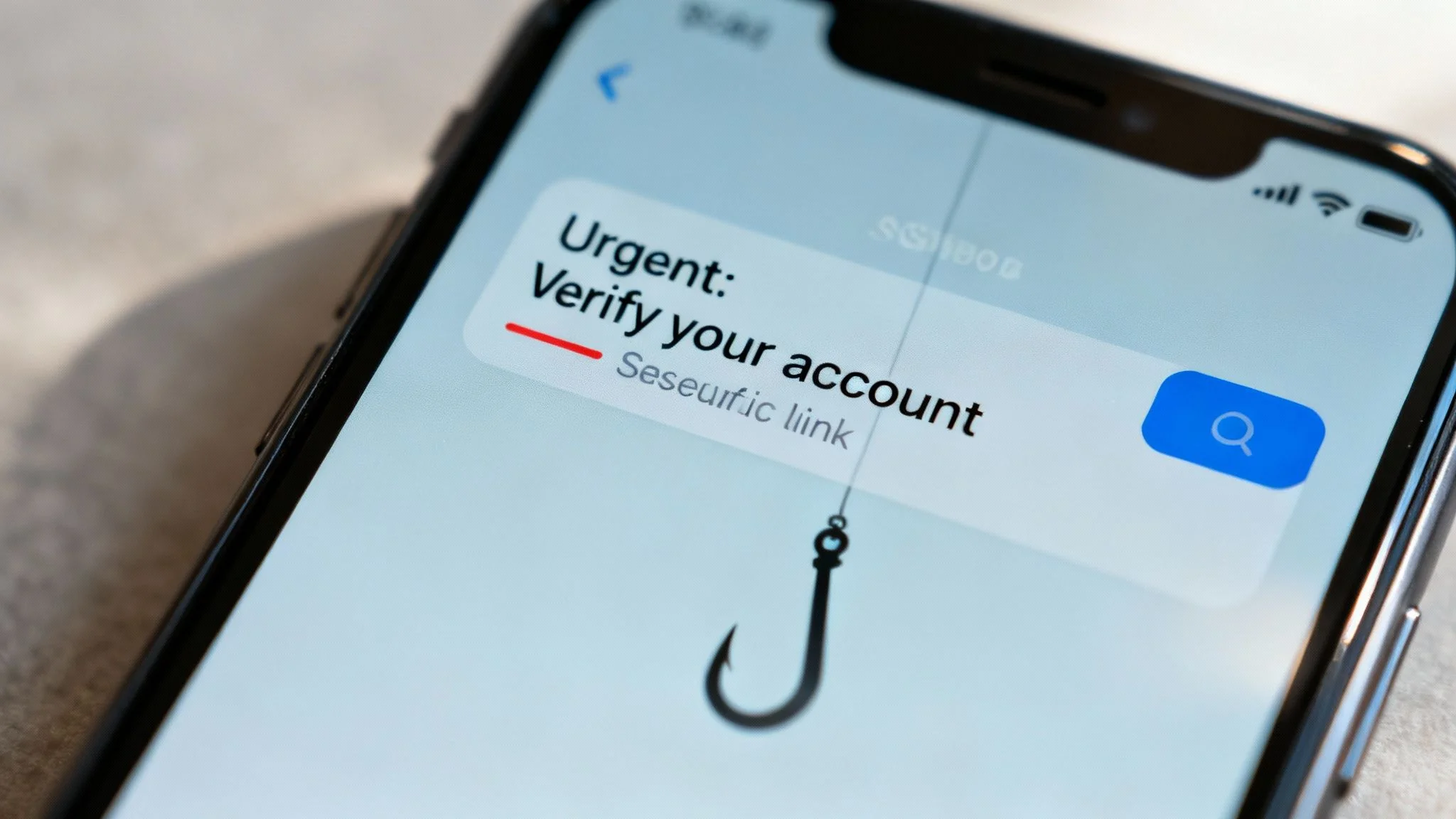Person looking at a phone with a phishing message