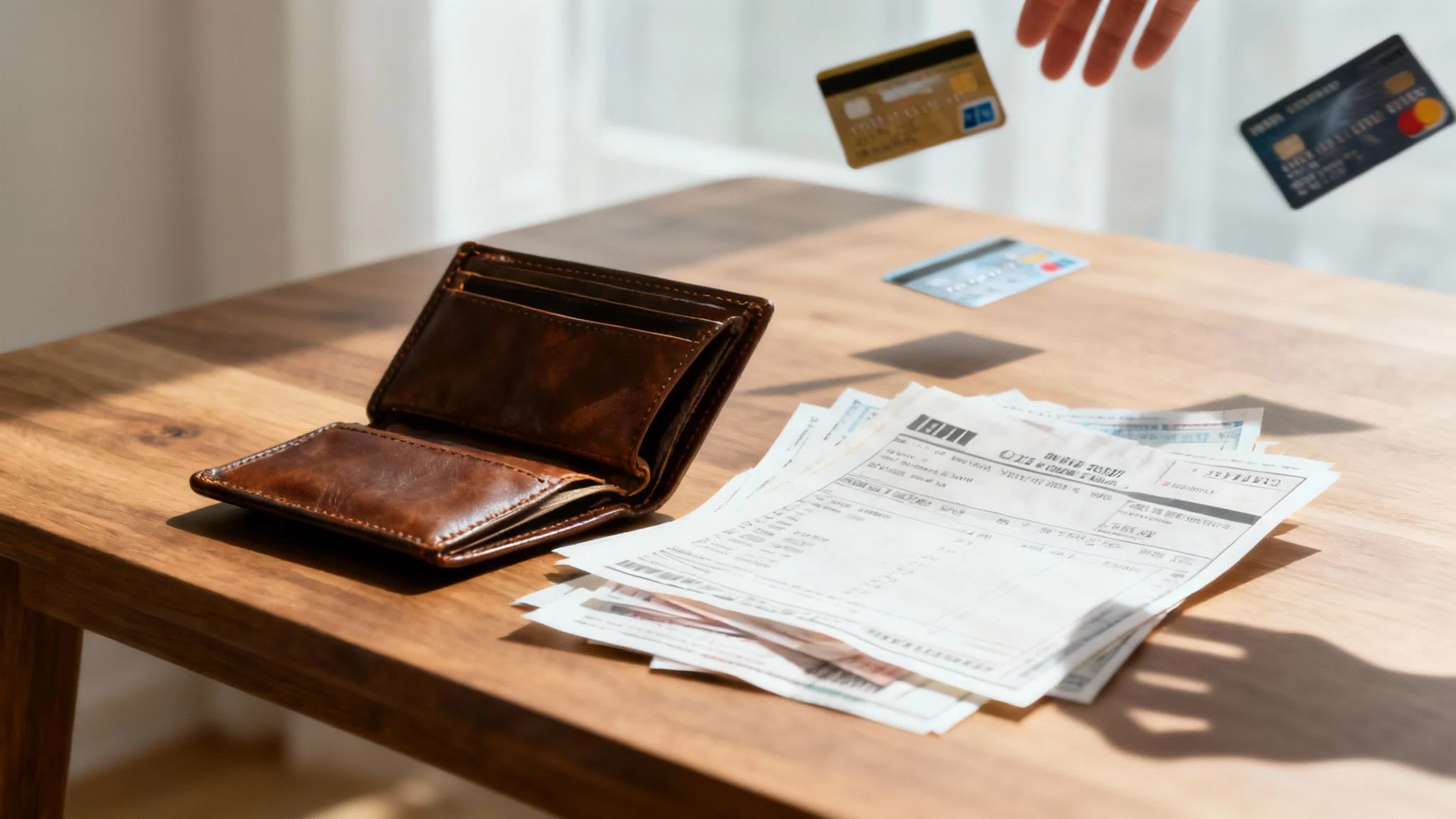 A shadowy figure at a laptop with credit card holograms floating around, signifying financial fraud.