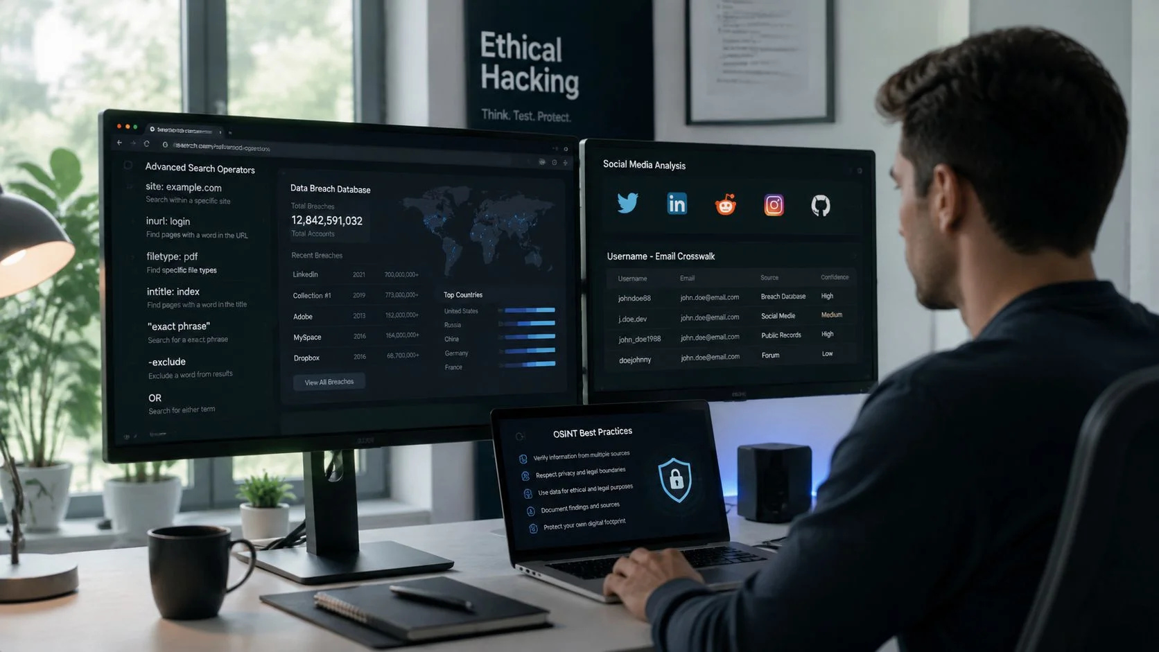 A professional cybersecurity expert working at a desk with multiple monitors analyzing data breach information.