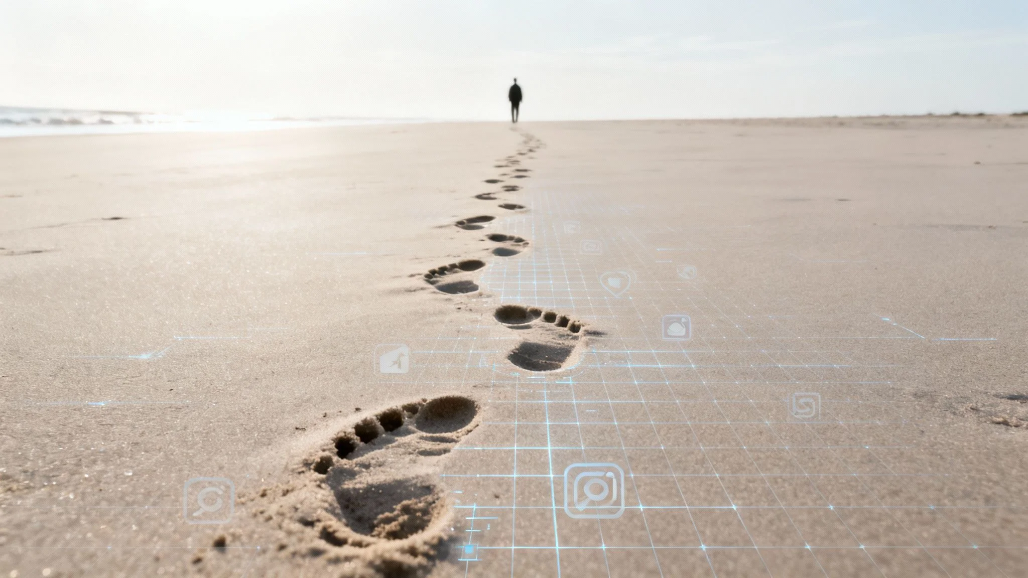 Footprints on a sandy beach lead to a distant person, overlaid with digital data icons.