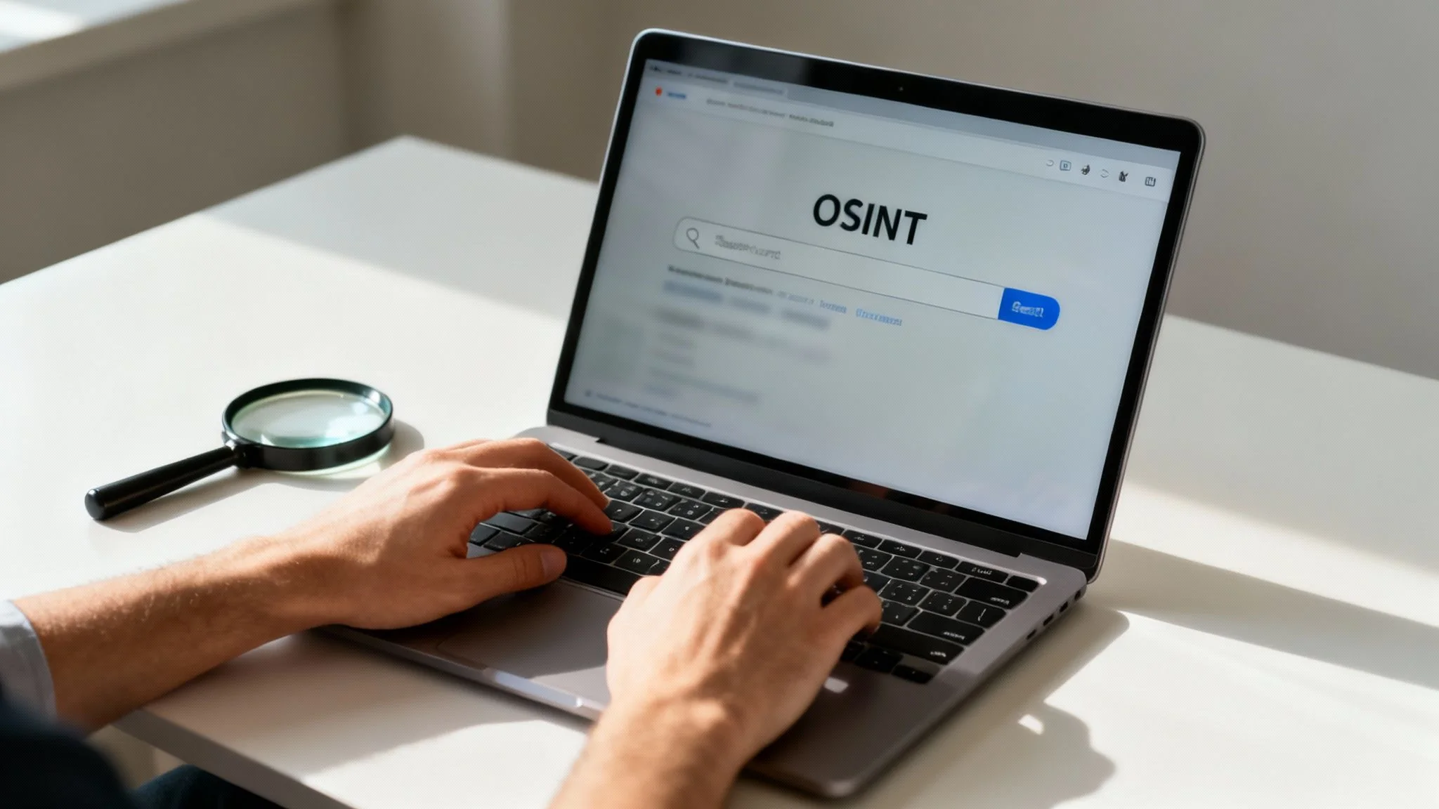 Person typing on a laptop screen displaying 'OSINT' search, with a magnifying glass on a white desk.