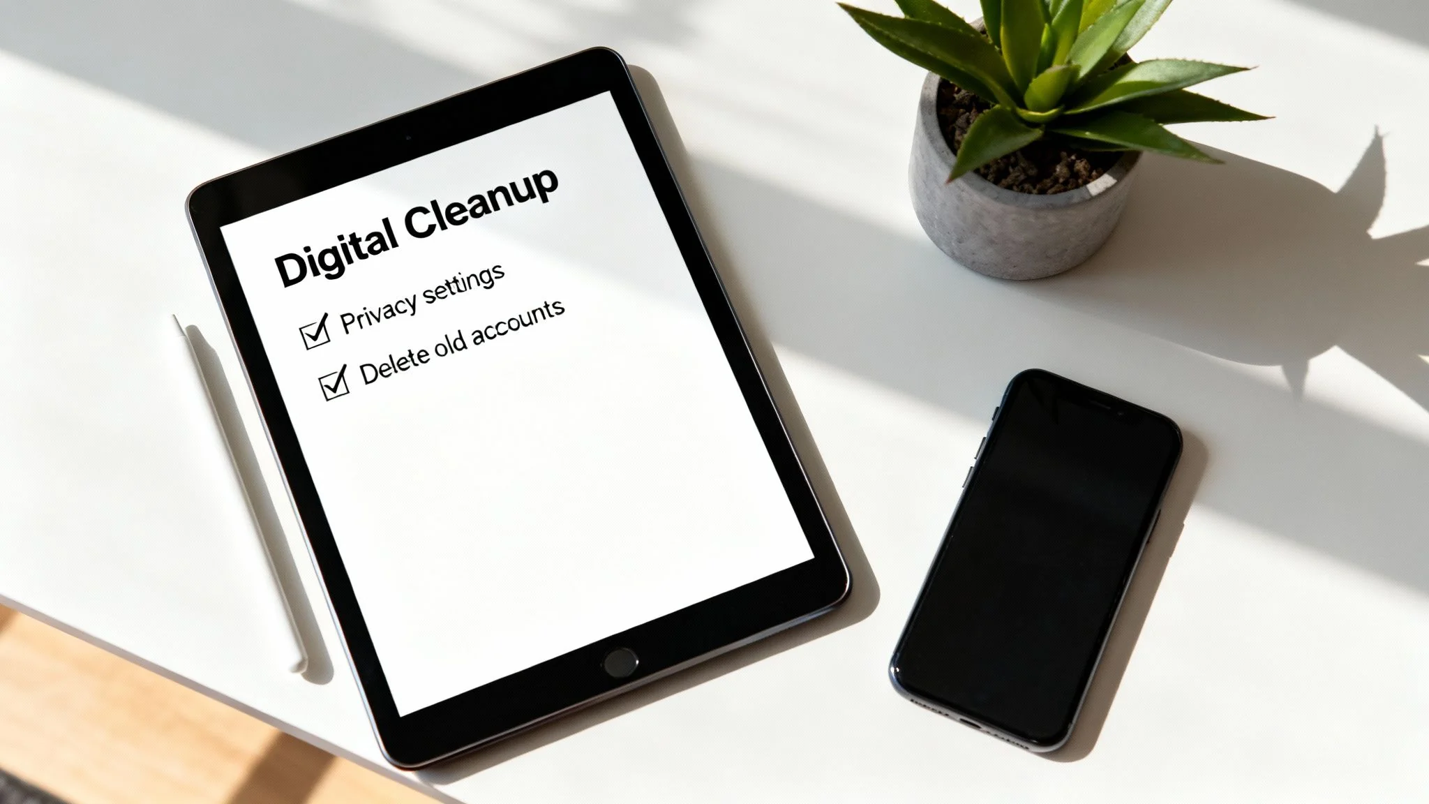 Overhead view of a tablet displaying a 'Digital Cleanup' checklist with privacy settings and account deletion, next to a smartphone and plant.