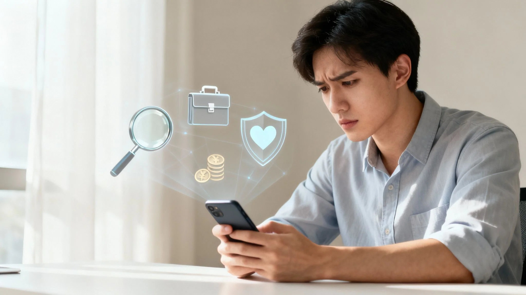 A concerned man examines his phone displaying holographic icons for search, business, finance, and protection.