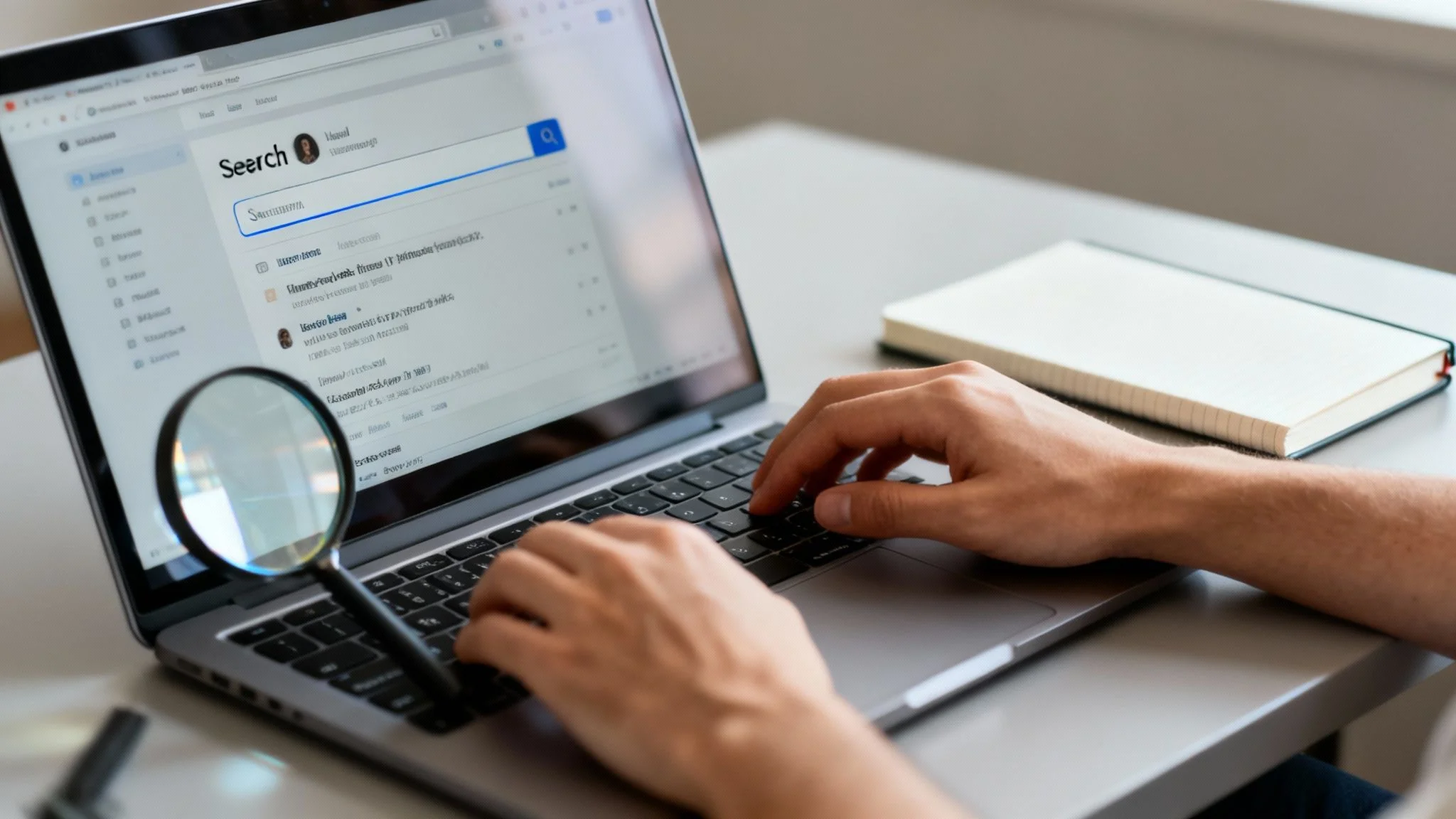 Person typing on a laptop displaying a search screen, with a magnifying glass and a notebook on the desk.