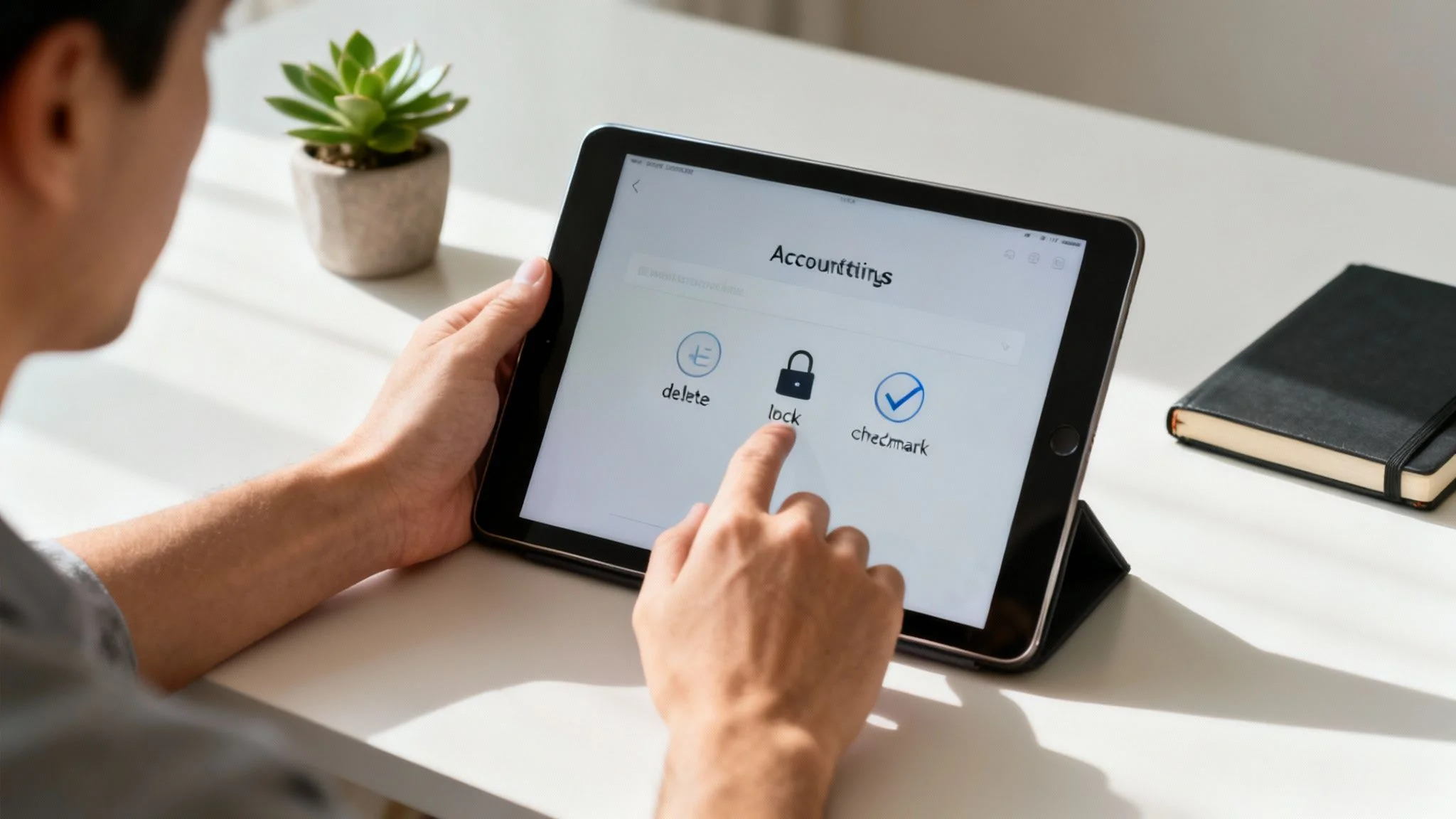 Person interacting with a tablet displaying 'Account settings', tapping on the 'lock' icon.