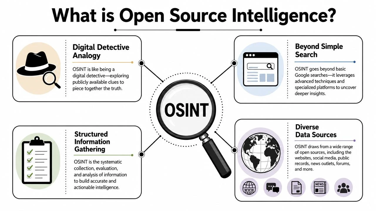 An infographic titled What is Open Source Intelligence explaining OSINT through key concepts and visual icons.