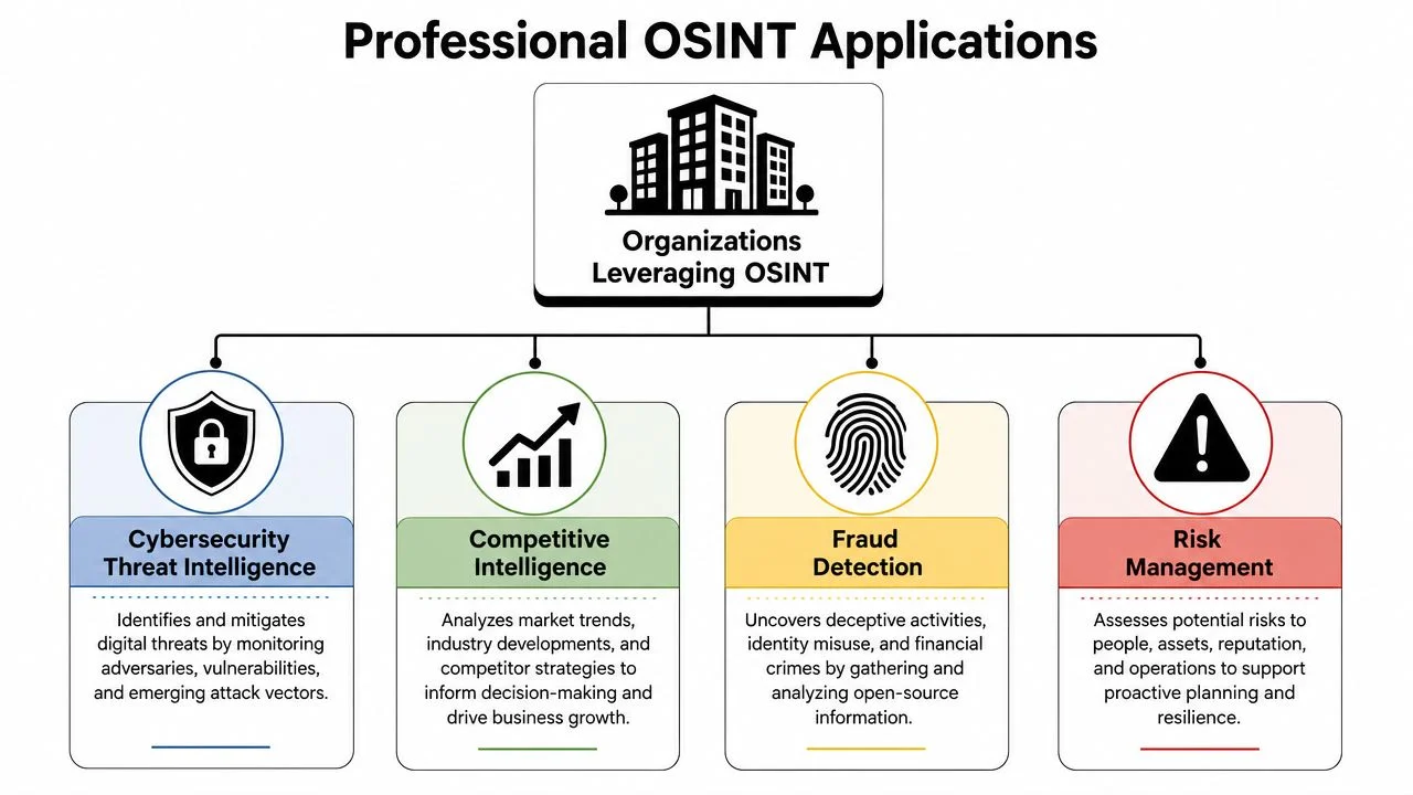 A diagram outlining the four primary professional applications of OSINT within various business organizations.