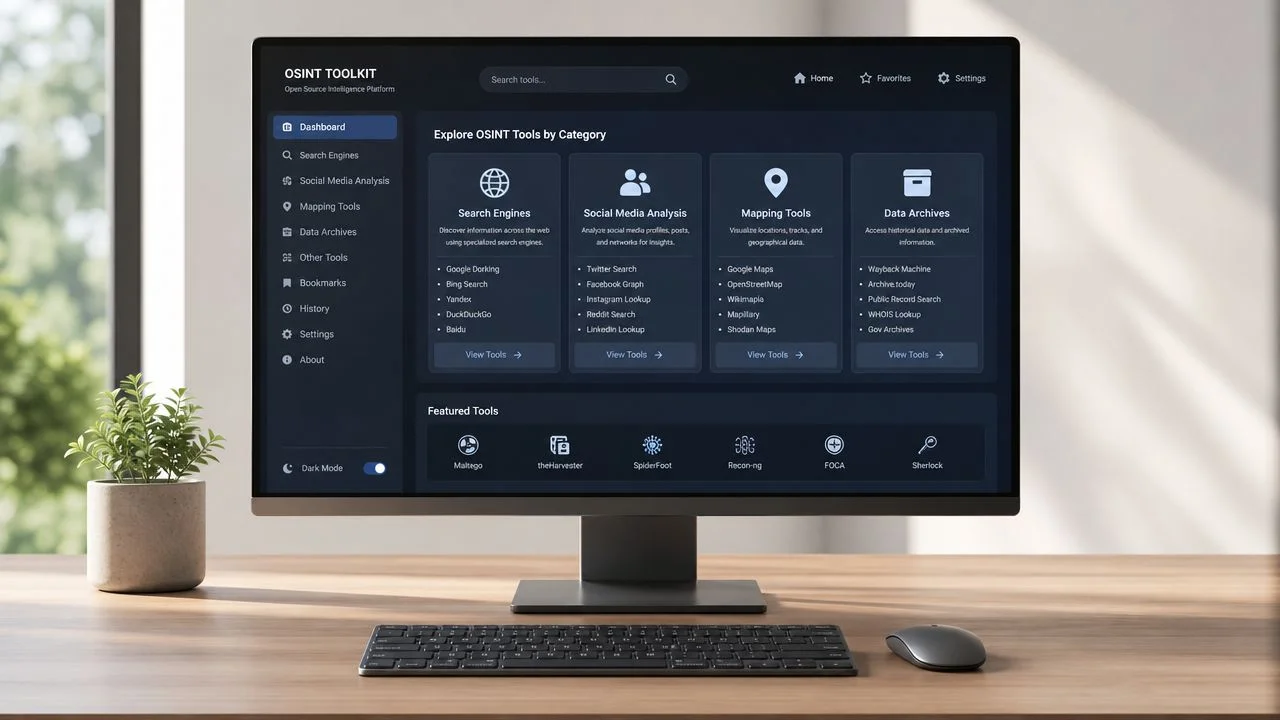 Computer monitor displaying an OSINT Toolkit dashboard with categories for search engines, social media, and mapping tools.