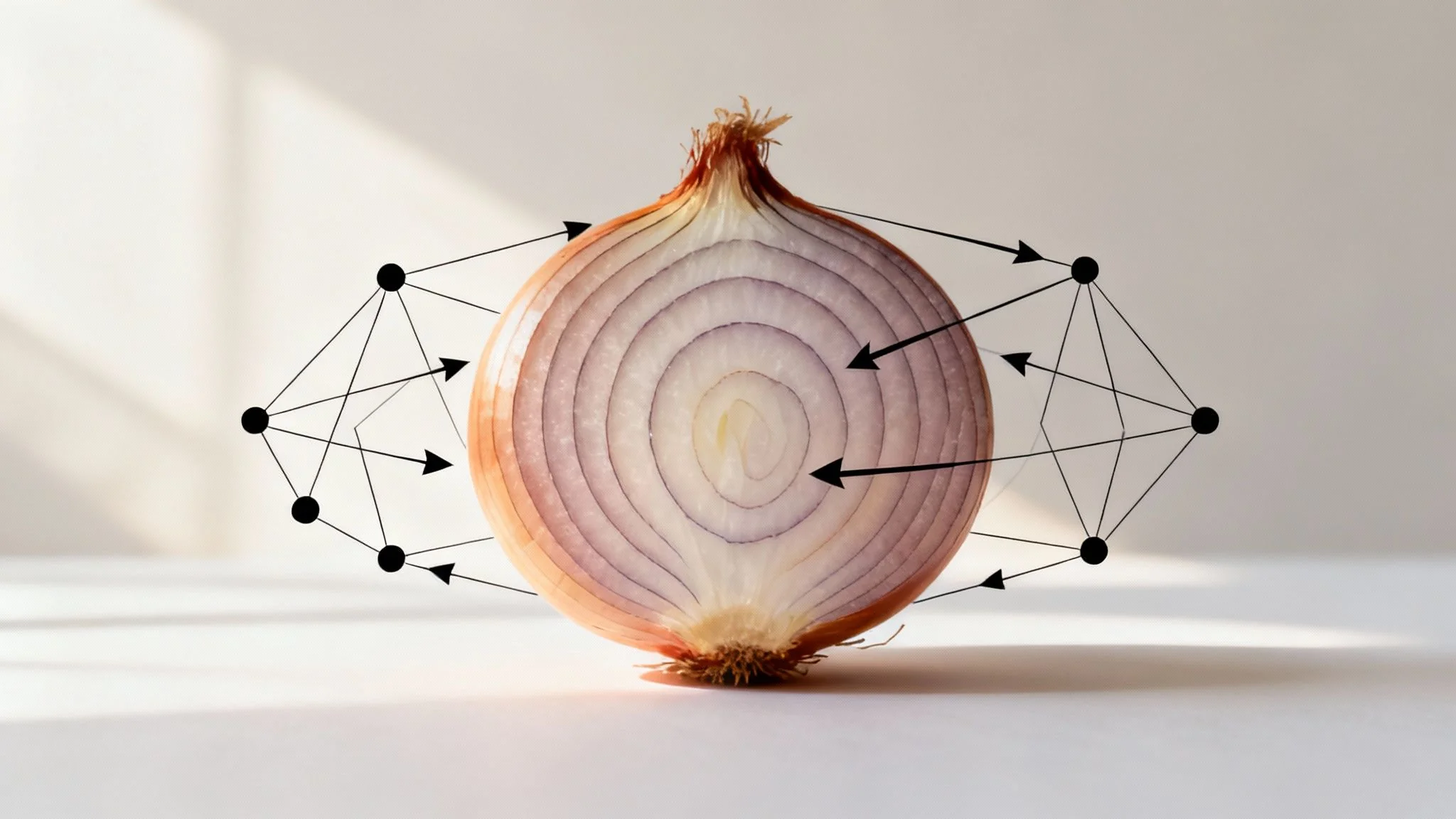 A visual representation of onion routing, showing data wrapped in layers of encryption being passed through different nodes.