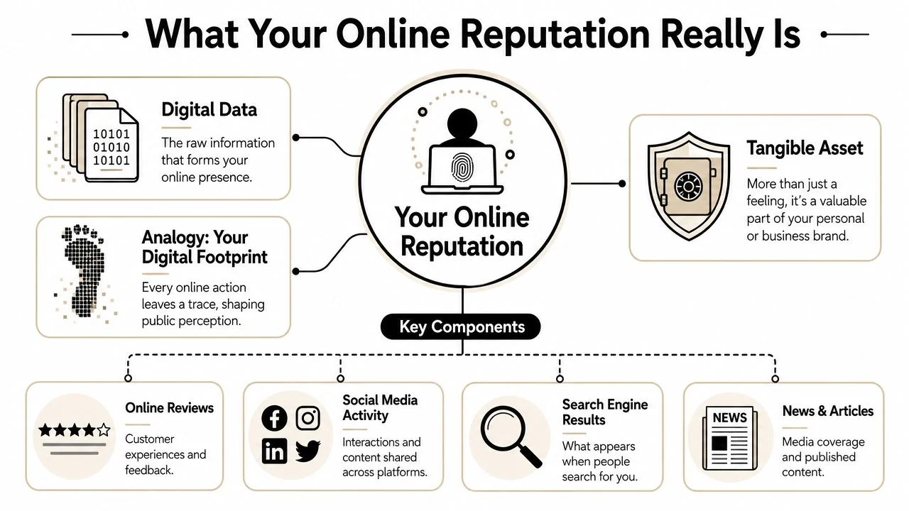 An infographic titled What Your Online Reputation Really Is explaining digital data, footprints, assets, and key components.