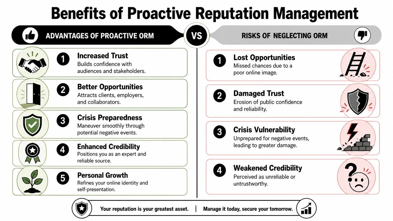 A comparison chart showing the benefits of proactive online reputation management versus the risks of neglecting it.